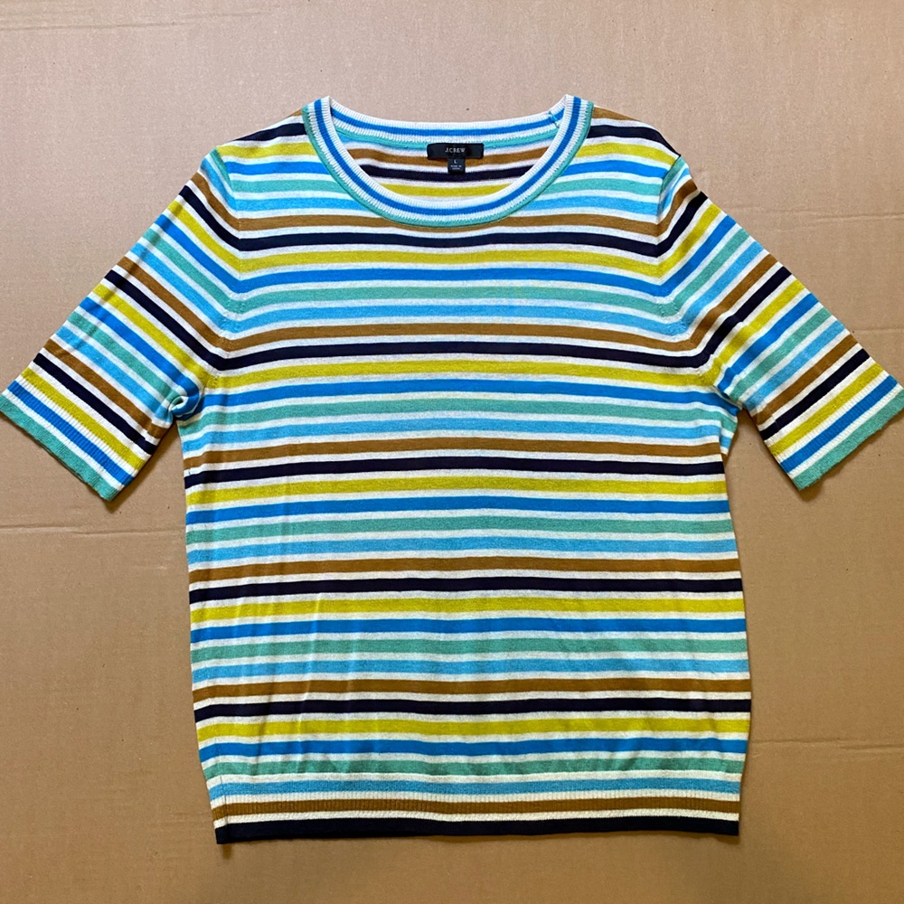 J. Crew Multicolor Striped Short-sleeve Silk-blend Lightweight Crewneck Sweater